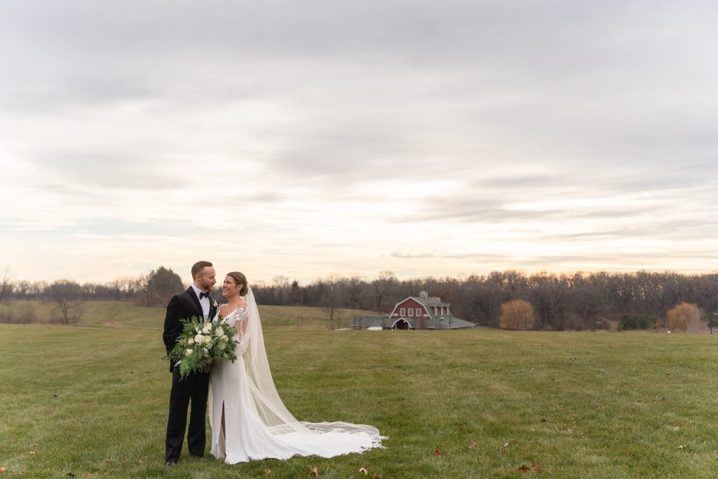 bride and groom winter sunset The Pavilion at Orchard Ridge Farms Rockton Illinois