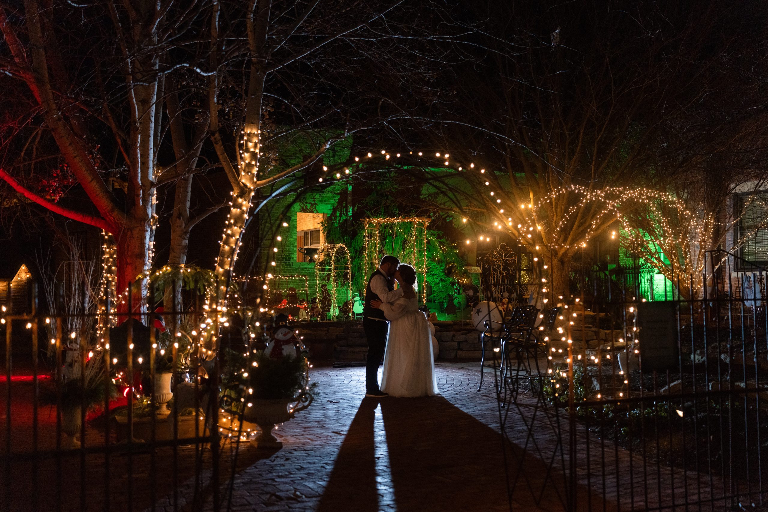 nighttime photo winter wedding at Blumen Gardens Sycamore Illinois